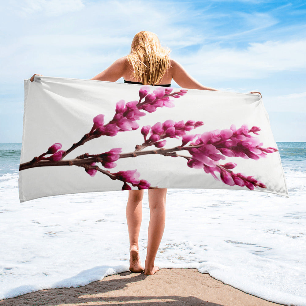 Redbud Flower Beach Towel by Visual Verse - Image 2