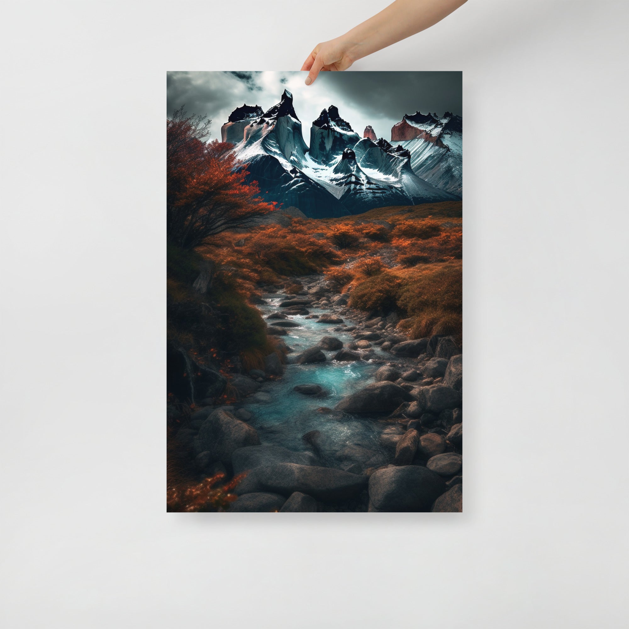 Serene Snowy Mountain River Landscape Art Poster by Visual Verse - Image 1