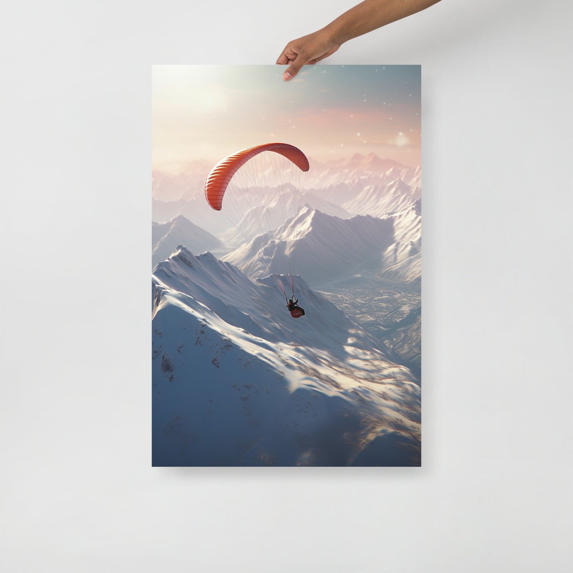 Snowy Mountains Hang Gliding Art Poster by Visual Verse - Image 1