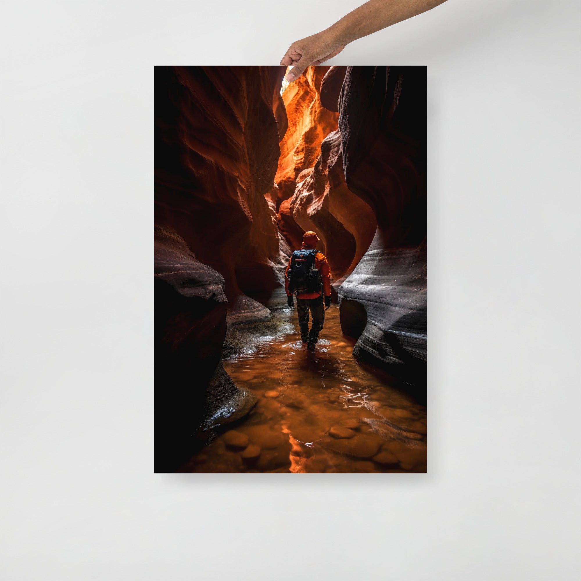 Stunning Adventurer Exploring Slot Canyon Art Poster by Visual Verse - Image 1