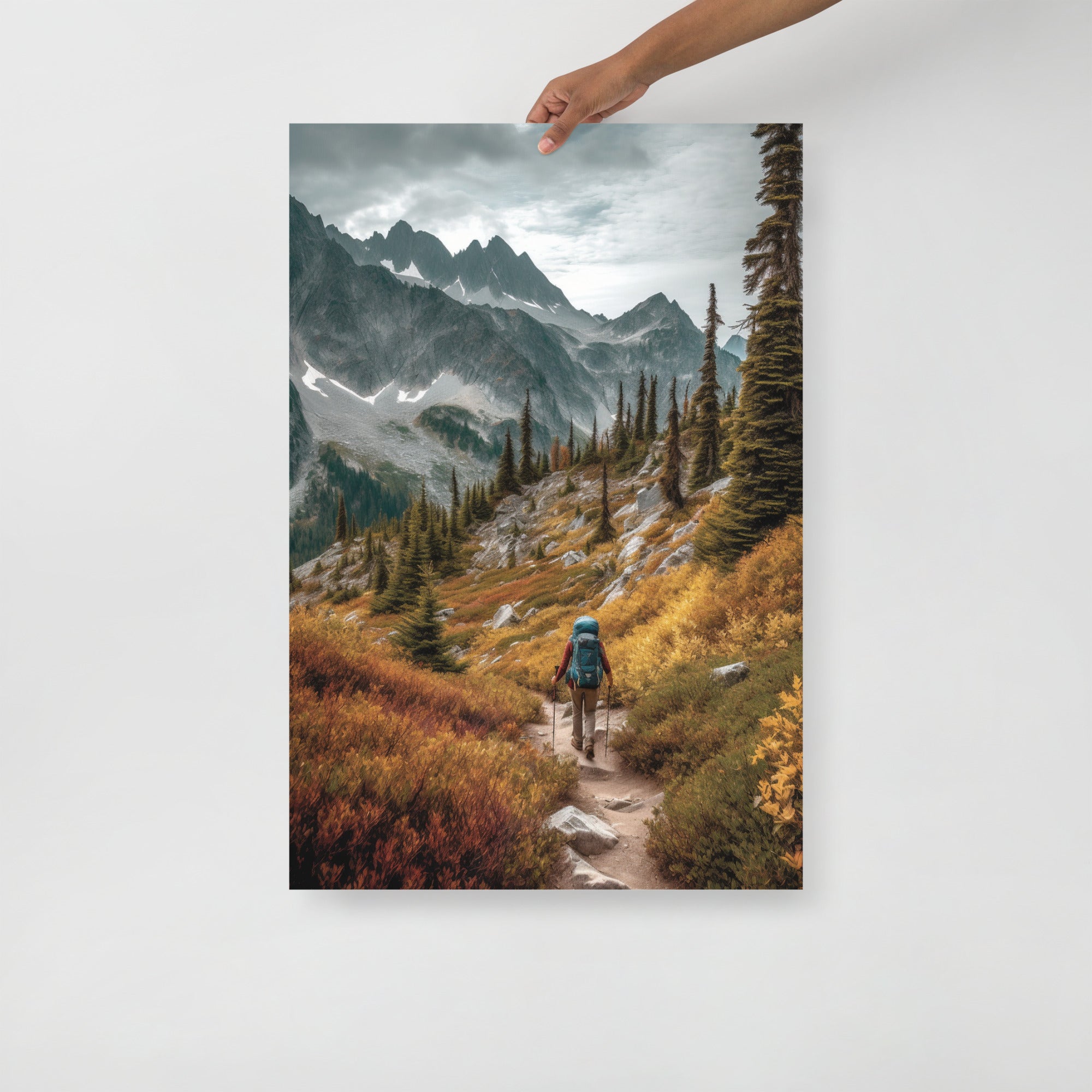 Stunning Hiker In The Valley Landscape Art Poster by Visual Verse - Image 1