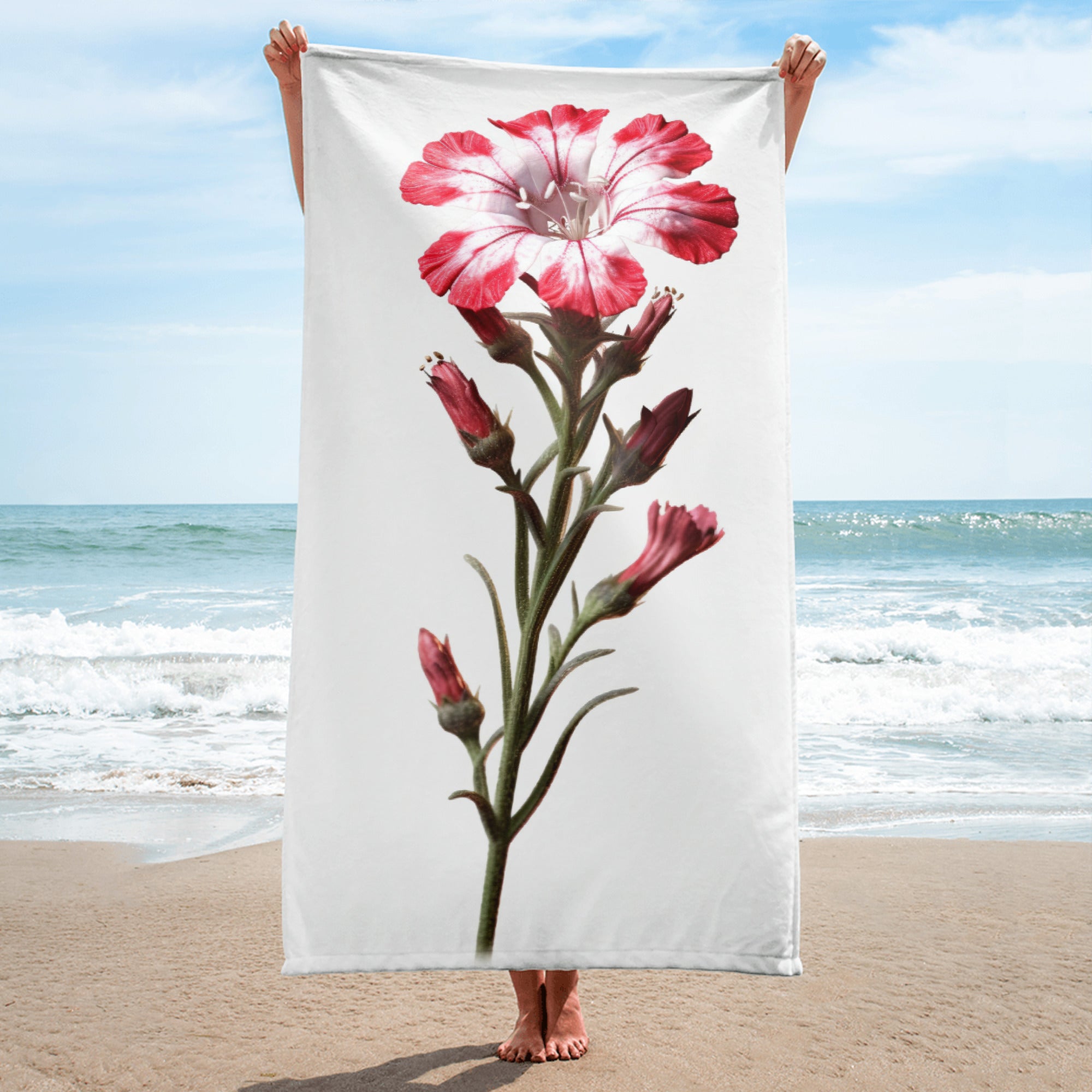 Sweet William Catchfly Flower Beach Towel by Visual Verse - Image 1