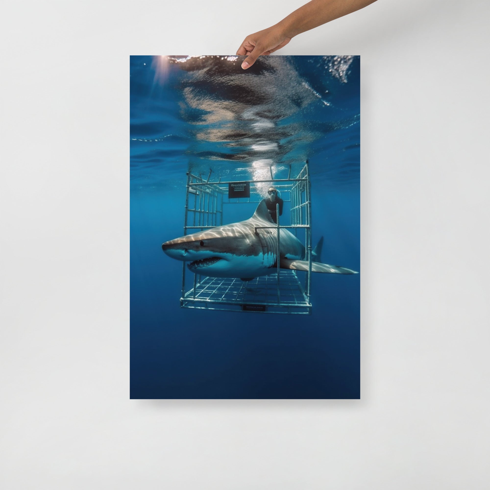 Swimming Adventure with Majestic Great White Sharks Art Poster by Visual Verse - Image 1