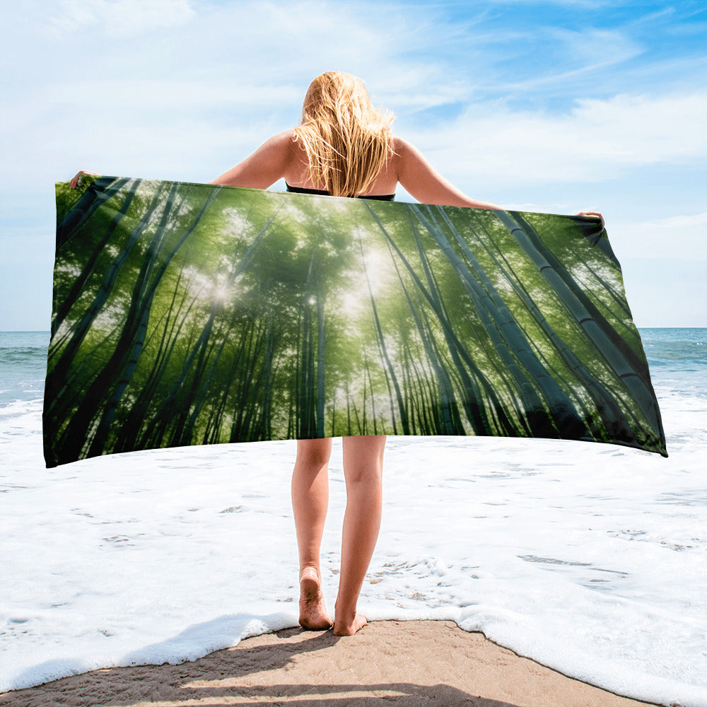 The Arashiyama Bamboo Grove Japan Beach Towel by Visual Verse - Image 1