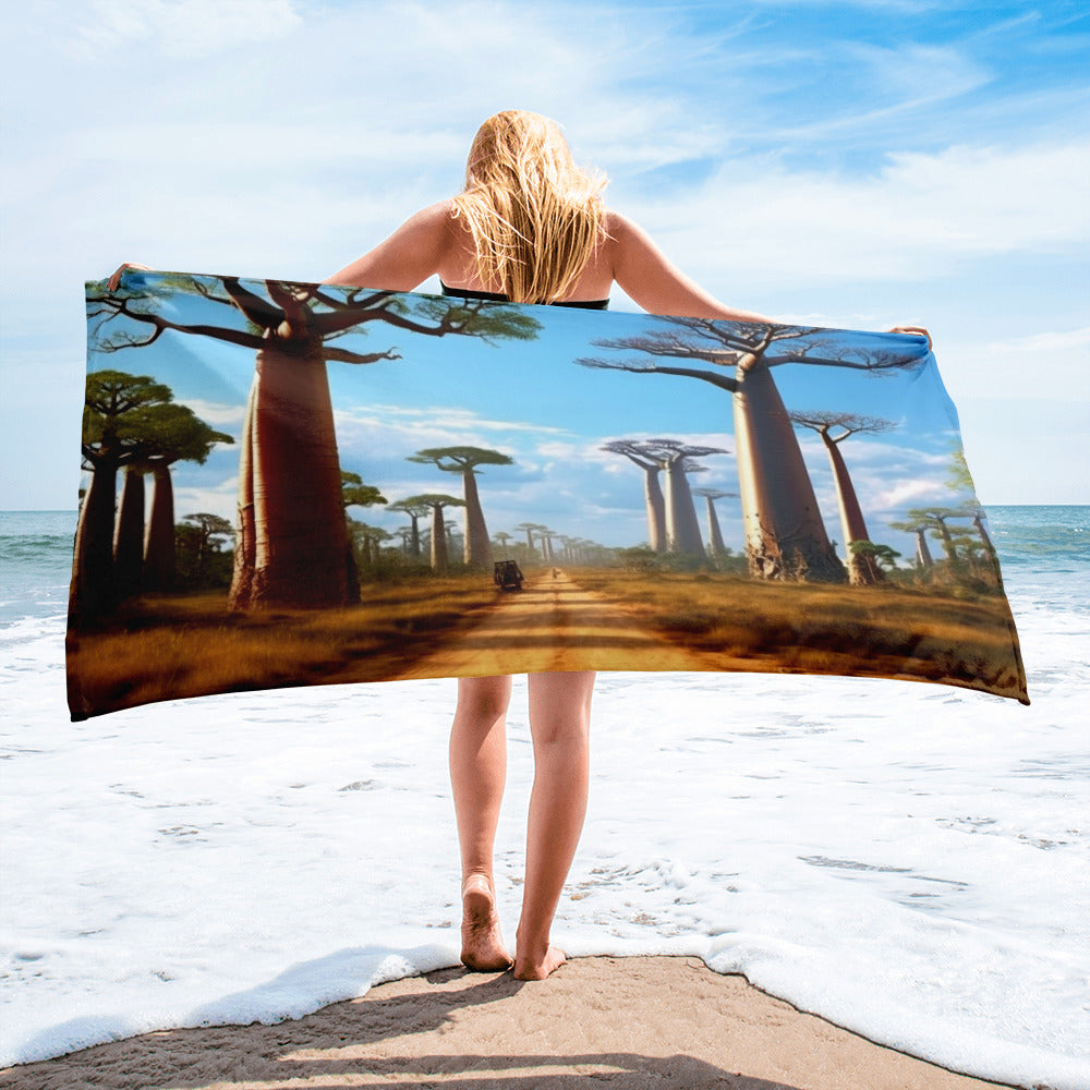 The Avenue of The Baobabs Madagascar Beach Towel by Visual Verse - Image 1