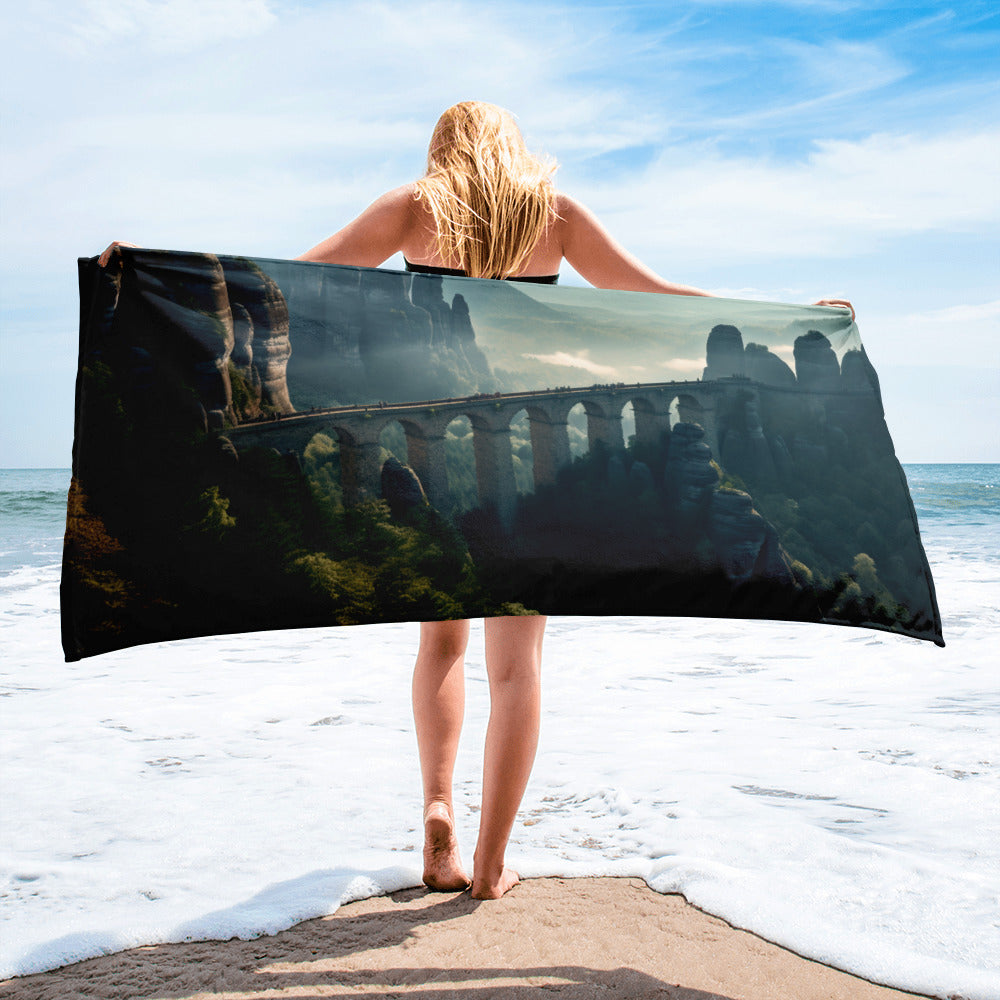 The Bastei Bridge Germany Beach Towel by Visual Verse - Image 1