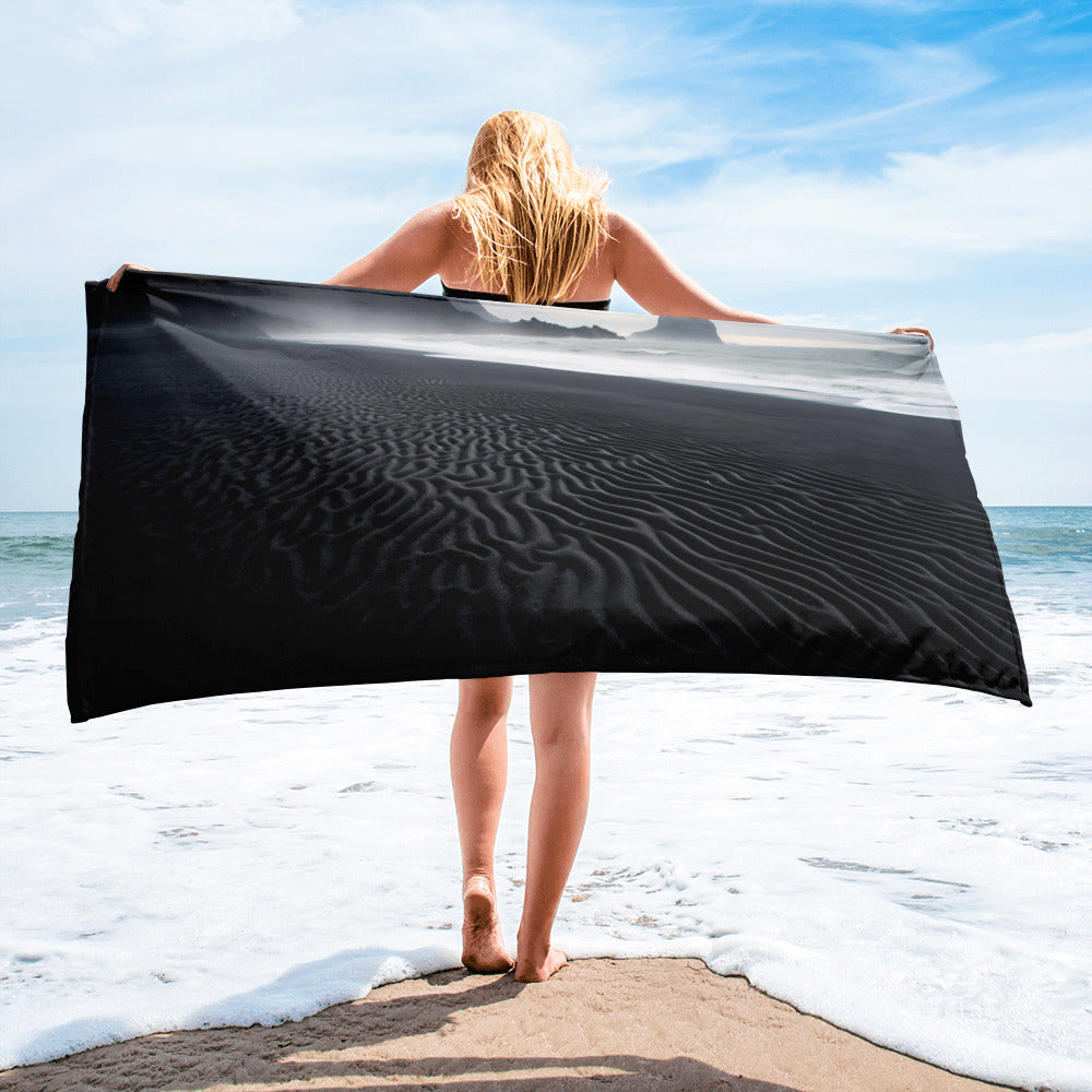 The Black Sand Beaches of Vik Iceland Beach Towel by Visual Verse - Image 1