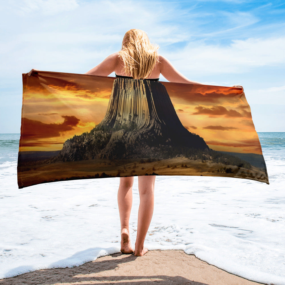 The Devils Tower National Monument USA Beach Towel by Visual Verse - Image 1