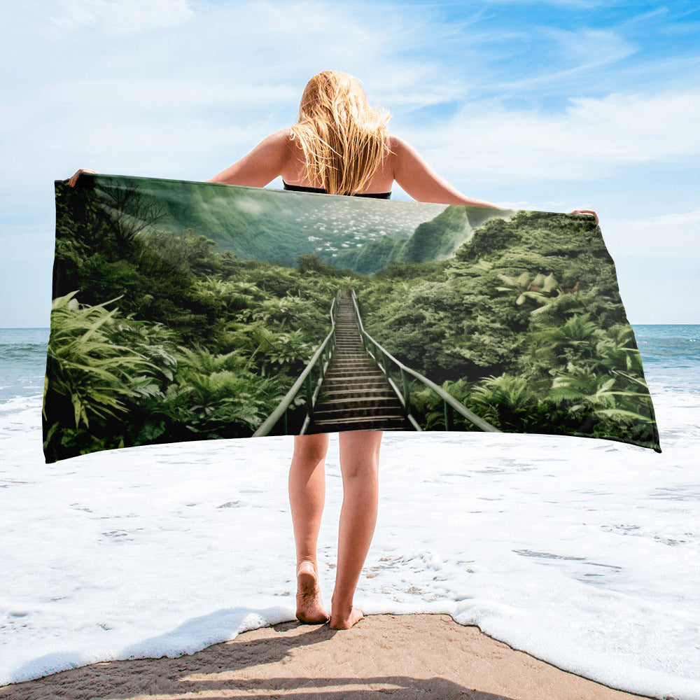 The Haiku Stairs Hawaii Beach Towel by Visual Verse - Image 1