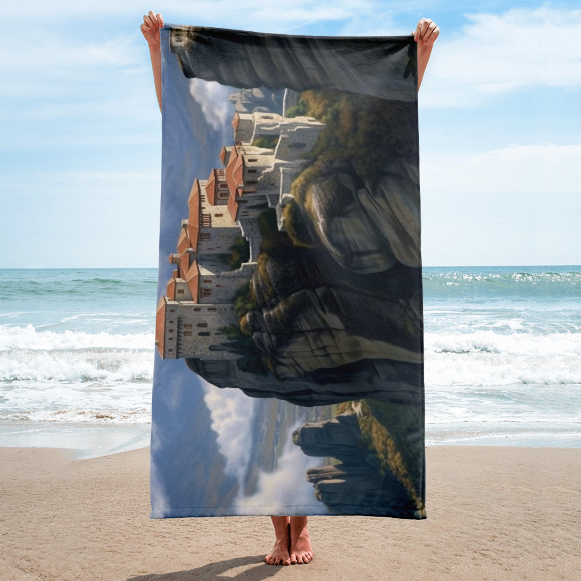 The Meteora Monasteries Greece Beach Towel by Visual Verse - Image 2