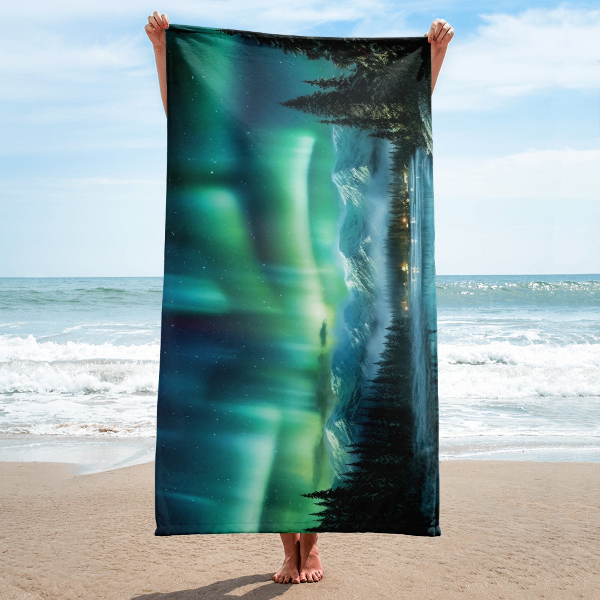 The Northern Lights Norway Beach Towel by Visual Verse - Image 2