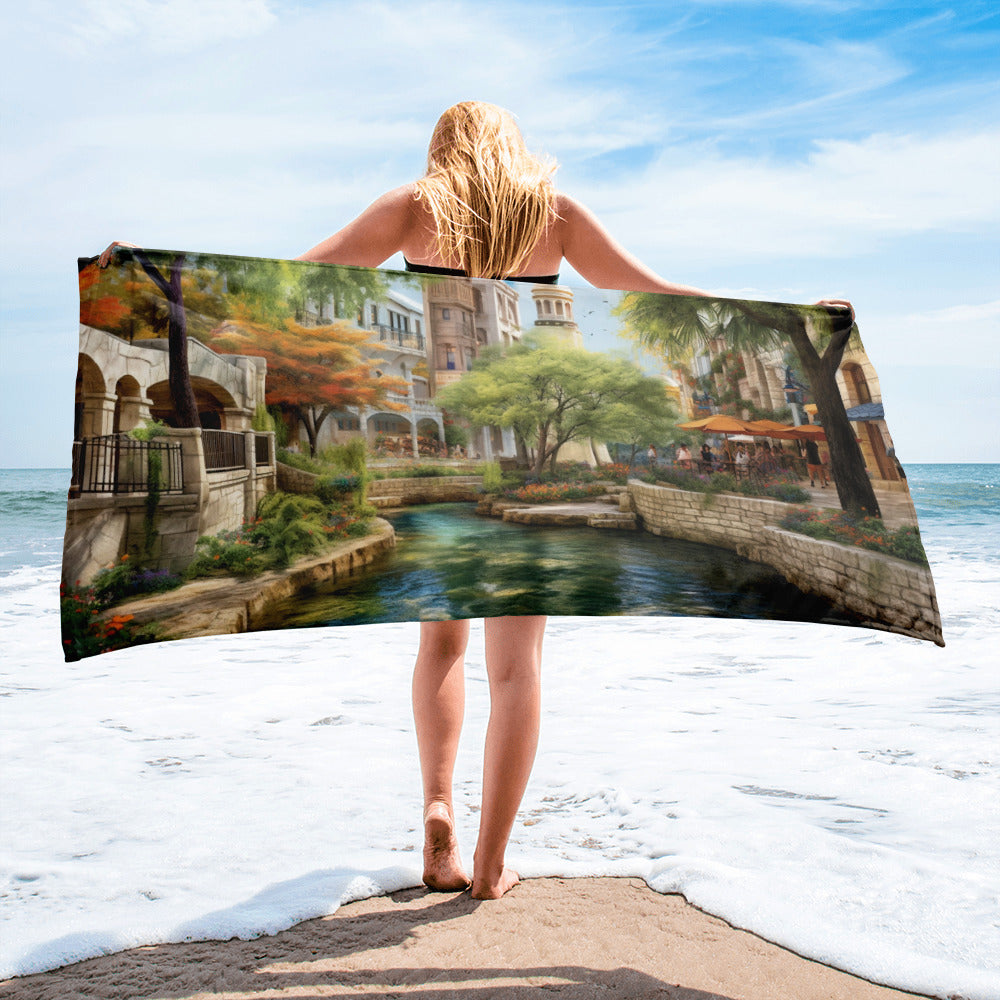 The San Antonio River Walk USA Beach Towel by Visual Verse - Image 1