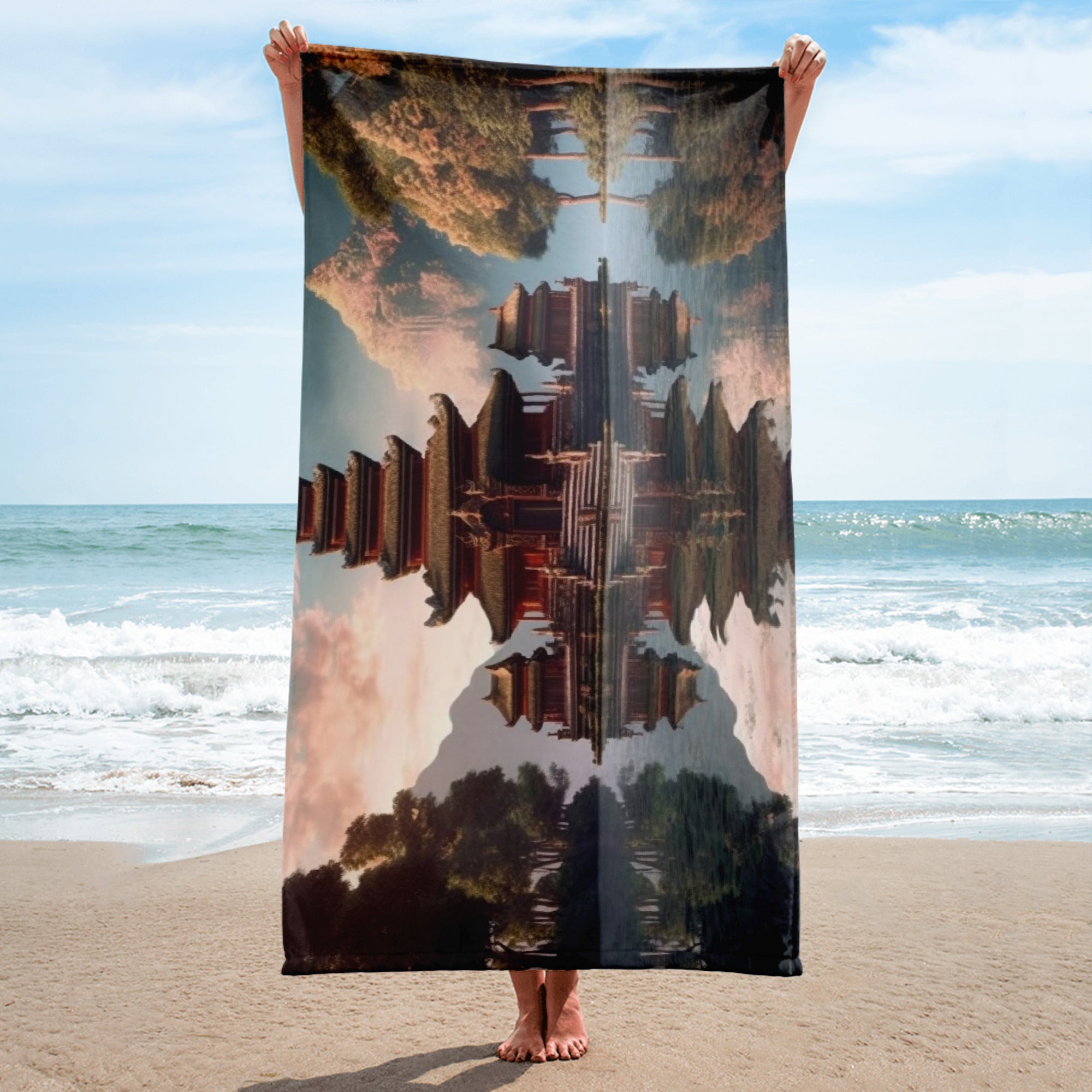 The Ulun Danu Bratan Temple Indonesia Beach Towel by Visual Verse - Image 2