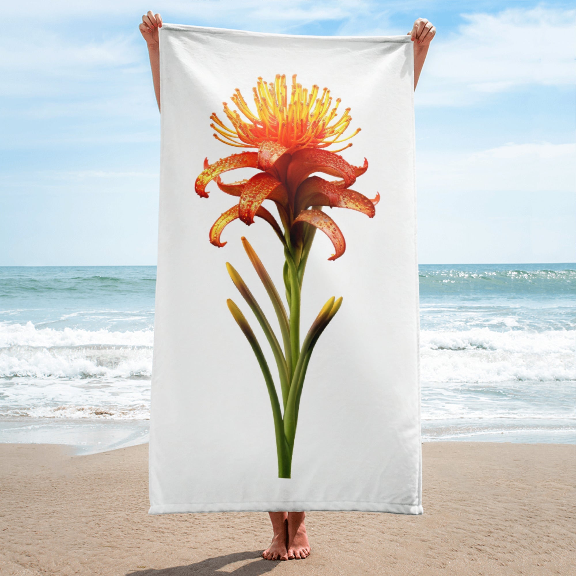 Torch Lily Flower Beach Towel by Visual Verse - Image 1