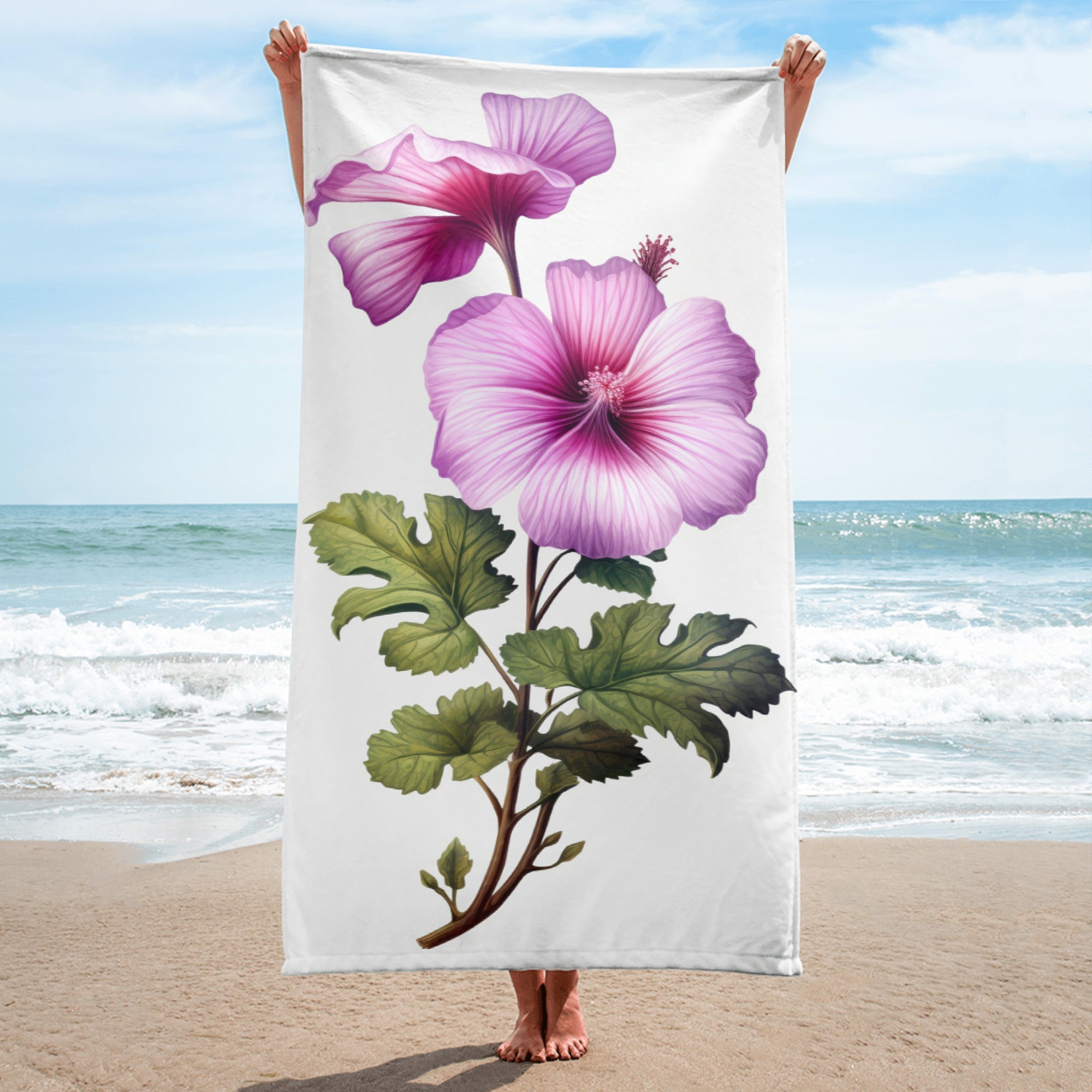 Tree Mallow Flower Beach Towel by Visual Verse - Image 1