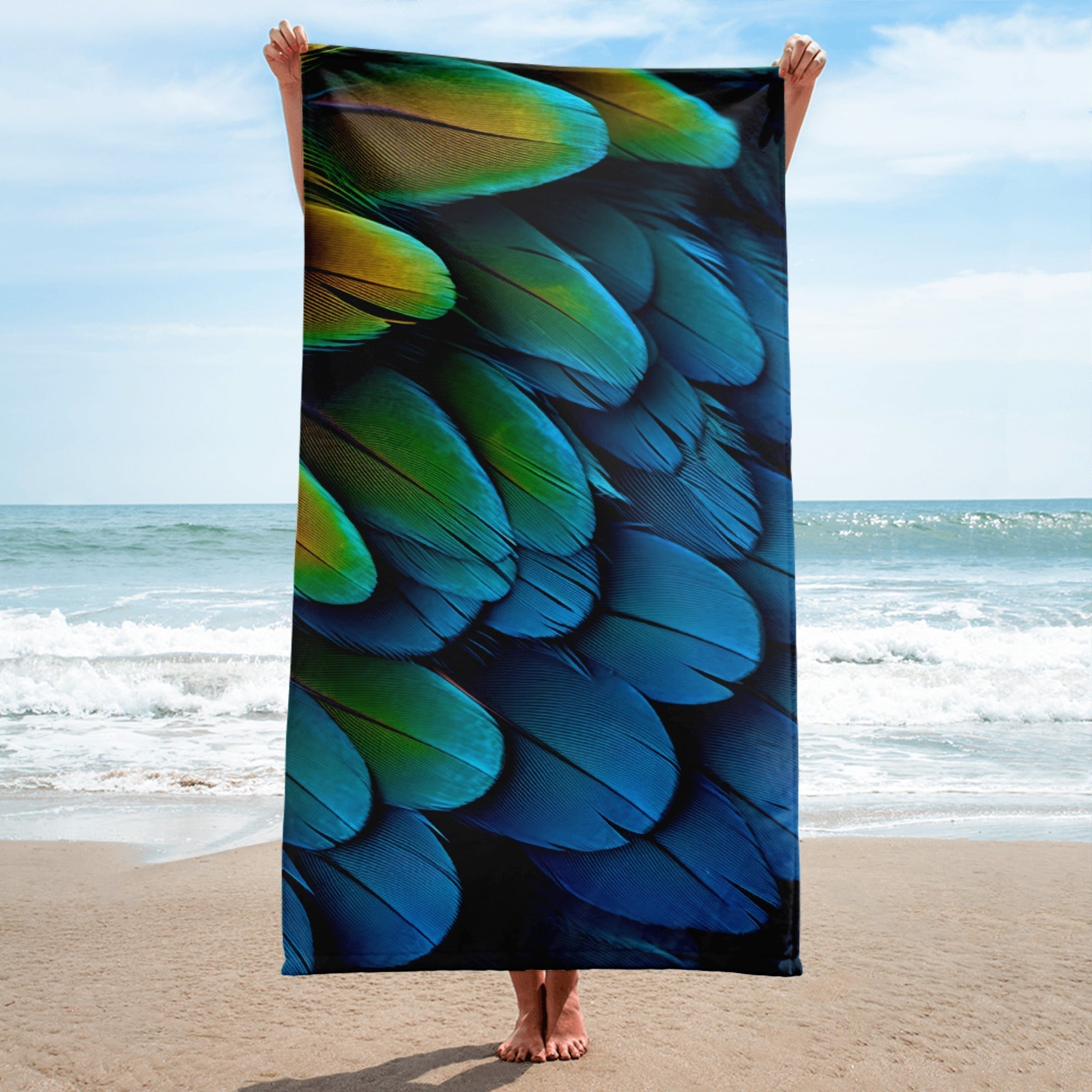 Vibrant Parrot Feather Beach Towel by Visual Verse - Image 1