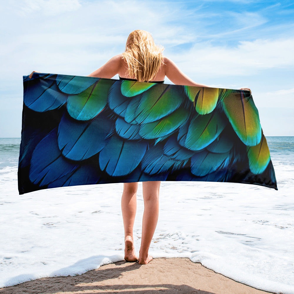 Vibrant Parrot Feather Beach Towel by Visual Verse - Image 2