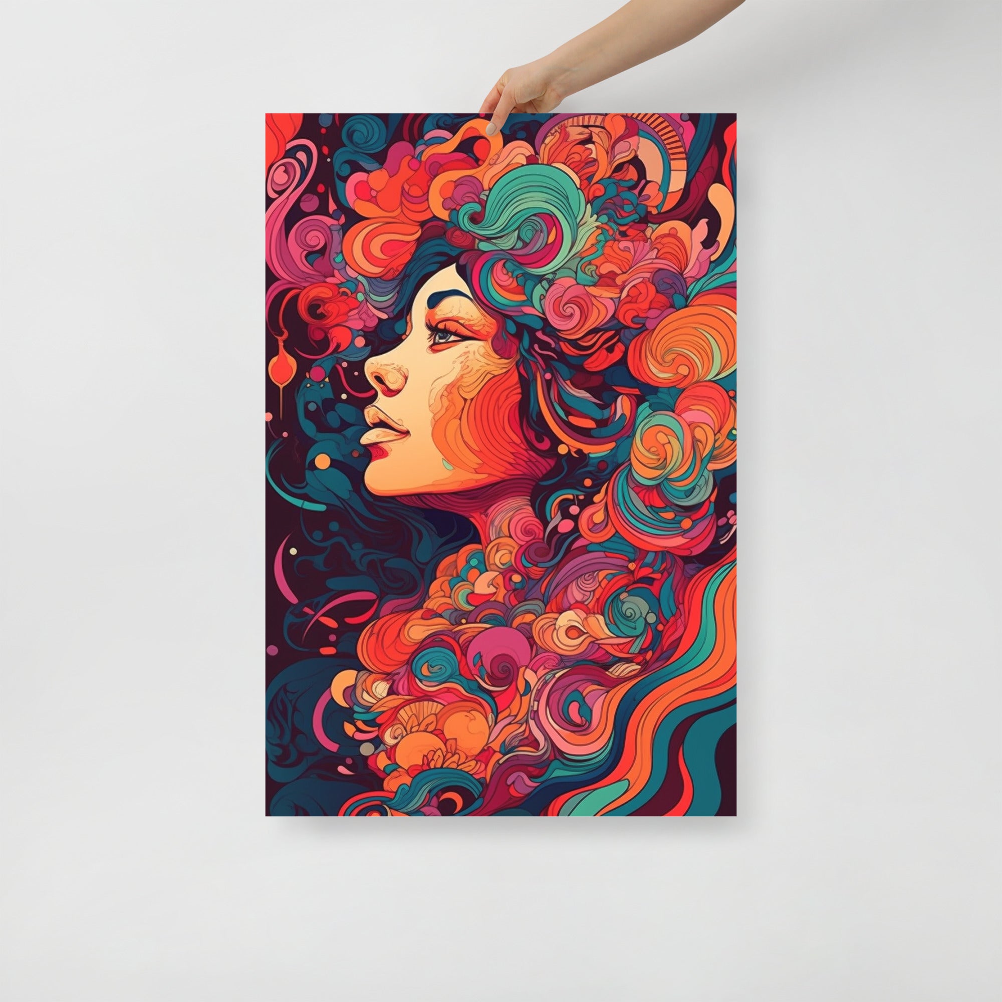 Vibrant Red Woman Psychedelic Art Poster by Visual Verse - Image 1