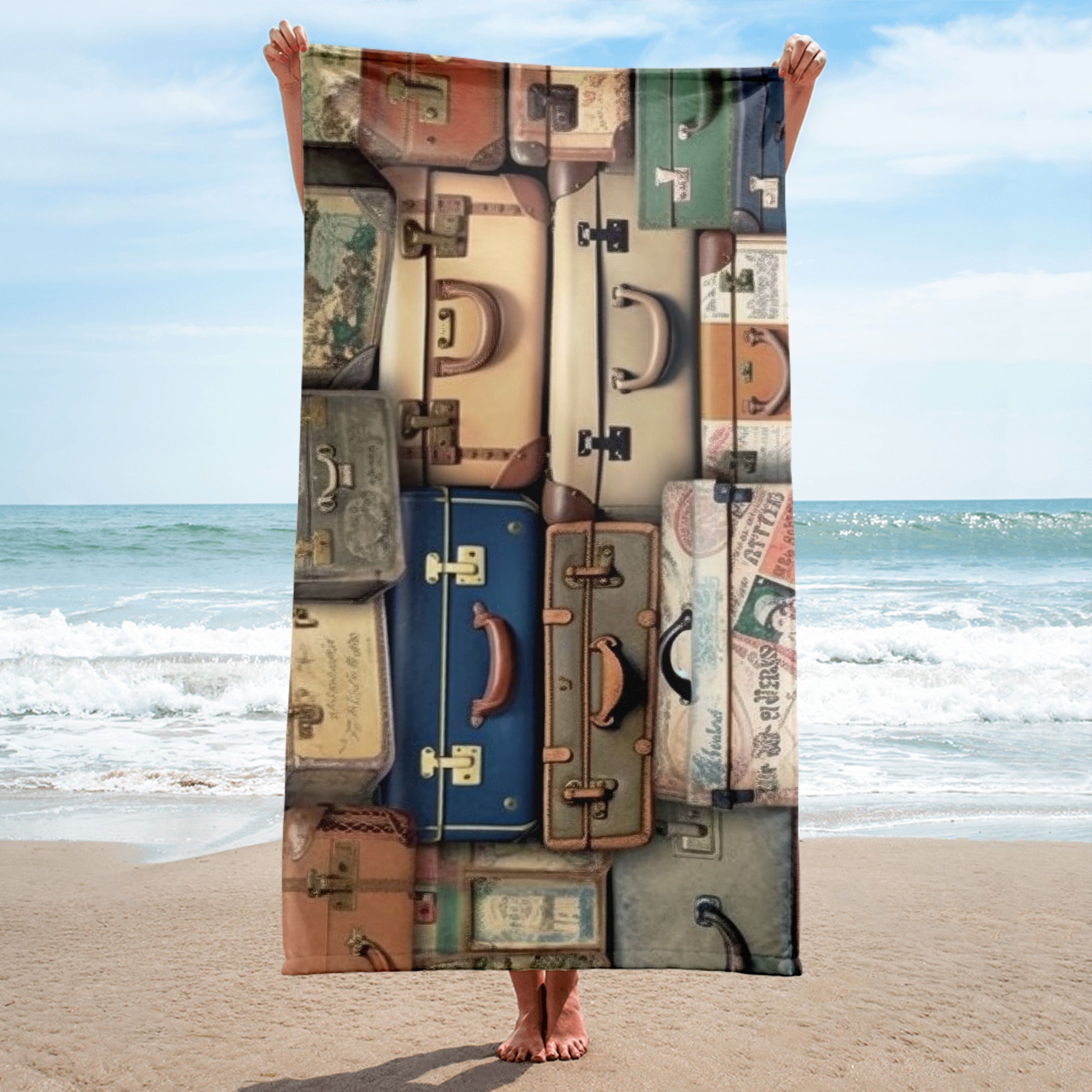 Vintage Suitcases Beach Towel - Repeating Pattern by Visual Verse - Image 1