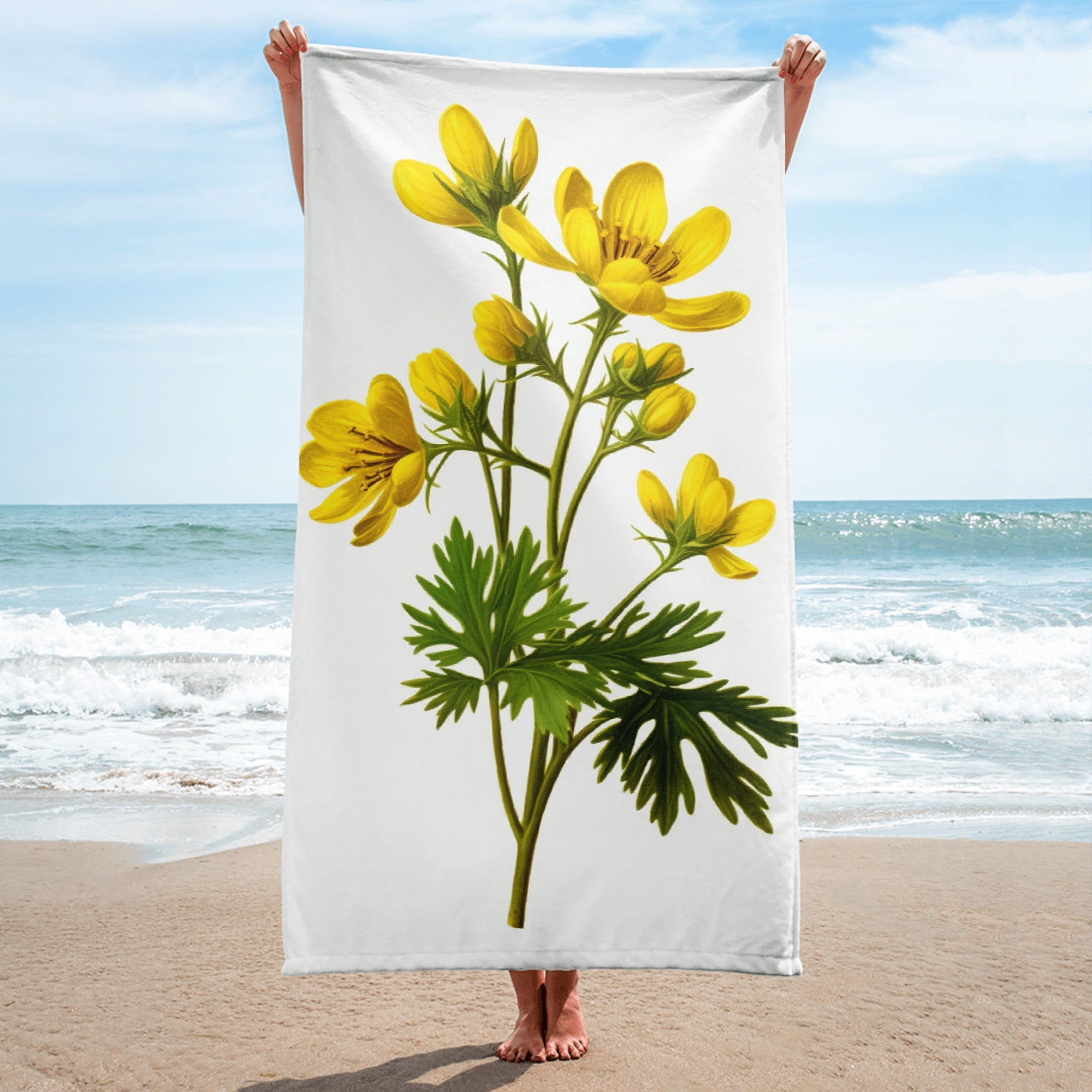 Winter Aconite Flower Beach Towel by Visual Verse - Image 1